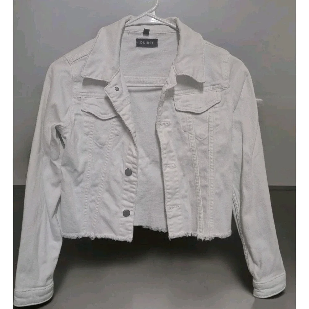 DL1961 White Cropped Denim Jacket Women's Medium Frayed Hem Stretch - Picture 1 of 6